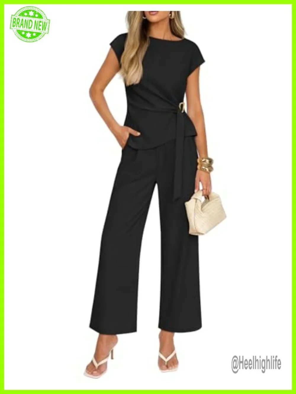 Women's 2 Piece Set - Boat Neck Top & Elastic High Waisted Wide Leg Pants